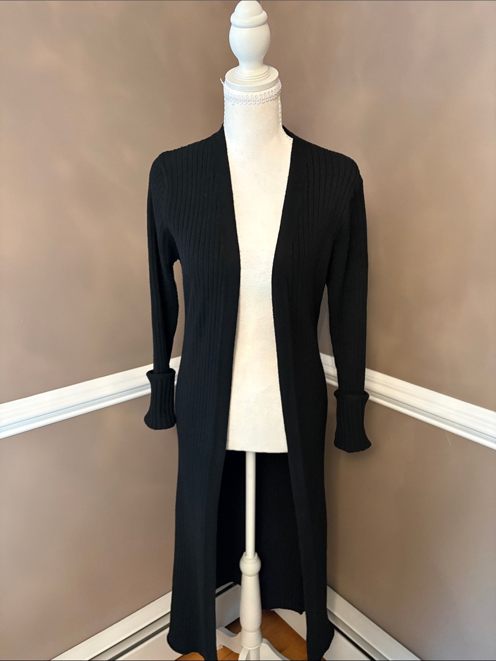 Avec Les Filles Black Ribbed Long Open-Front Cardigan